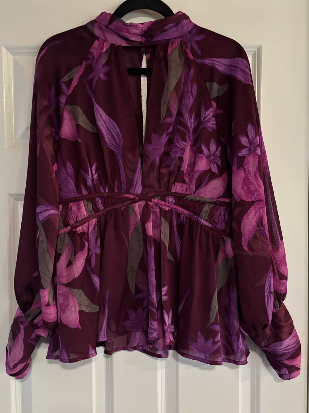 ASOS Plum Floral Sheer Peplum Blouse with Pink Accents, size 12